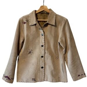 Suede Jacket Southwestern Native American Boho All-Over Print Tan Chicos Sz 1